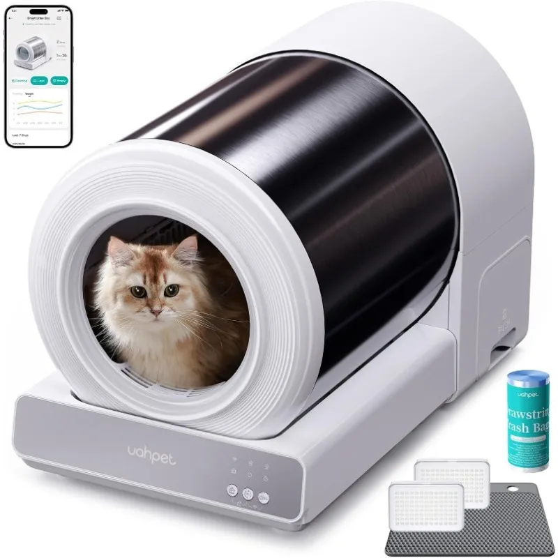 Uahpet Caja de arena para gatos autolimpiante de acero inoxidable, caja de arena para gatos automática con control por aplicación, entrada inferior, sensores de seguridad