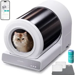 Uahpet Caja de arena para gatos autolimpiante de acero inoxidable, caja de arena para gatos automática con control por aplicación, entrada inferior, sensores de seguridad