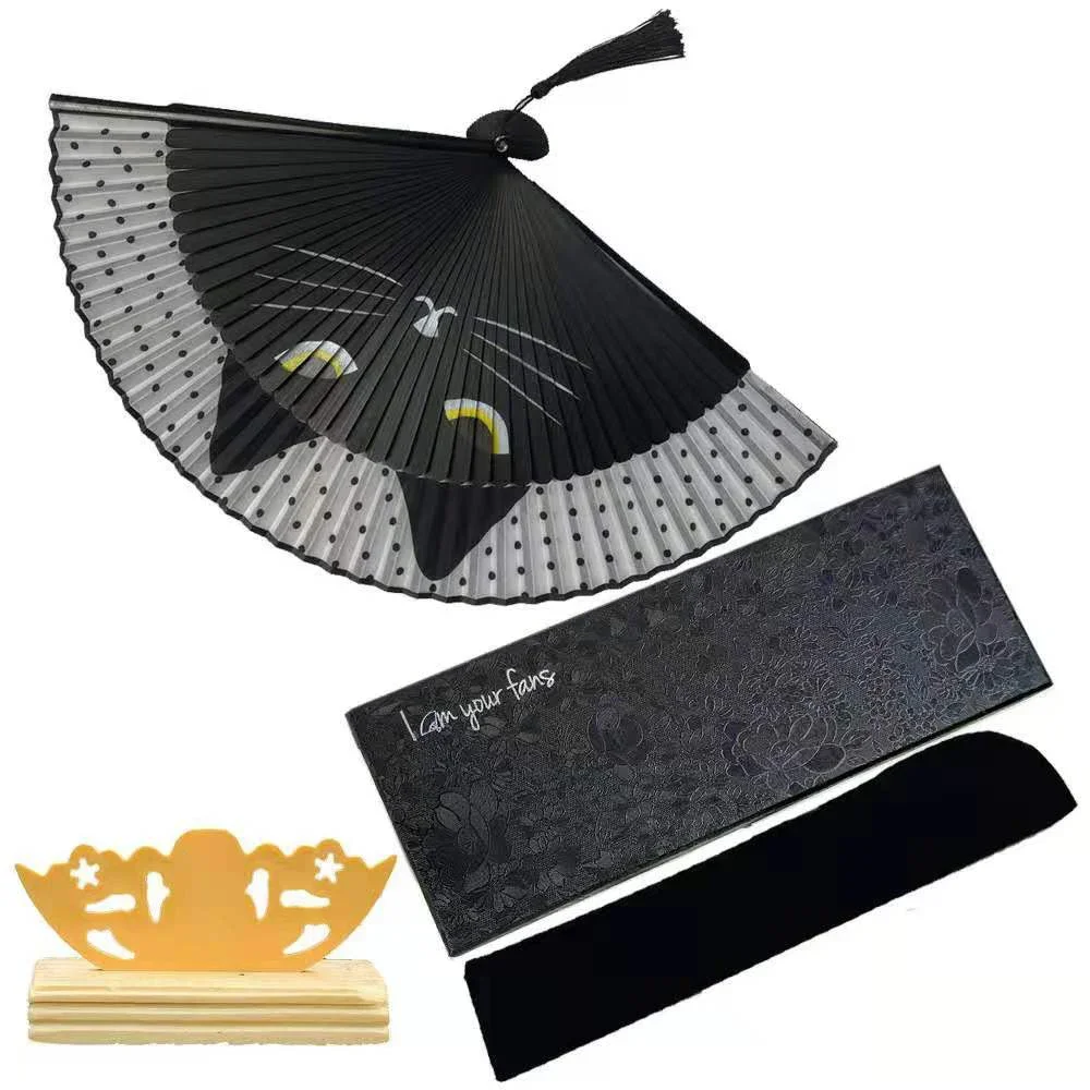 Abanicos de mano de estilo japonés a la moda de seda de dibujos animados chinos de gato, abanico de gatito encantador Popular, abanicos plegables de mano para mujeres y niñas - imagen 2