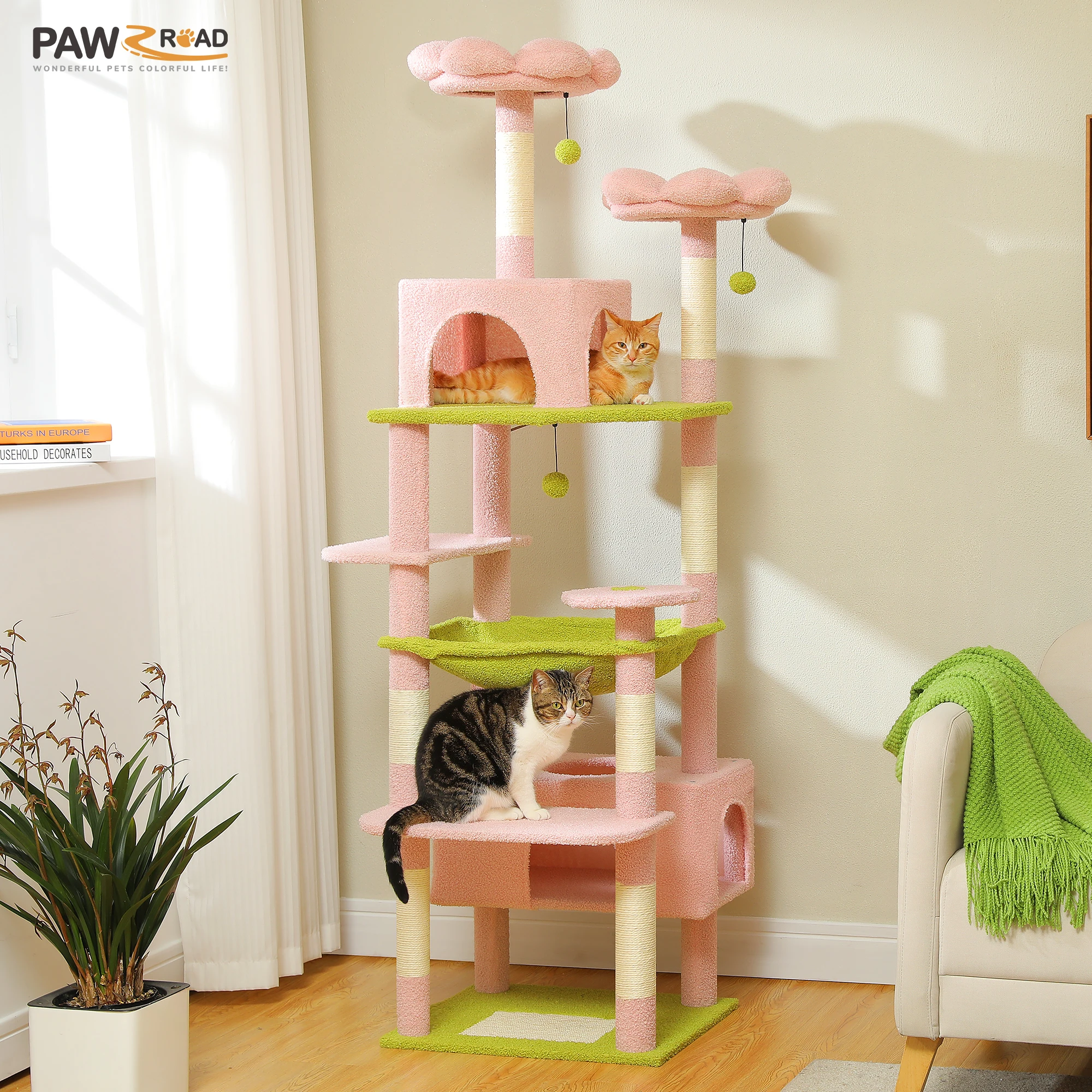 Torre grande de árbol para gatos de 184 cm para gatos de interior con postes para rascar cubiertos de sisal, hamaca espaciosa, perchas acolchadas y condominios, color rosa