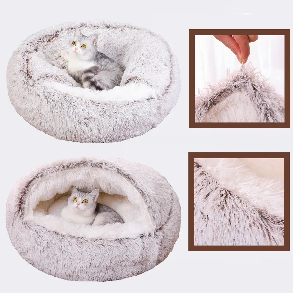 Cama de felpa para gatos, cojín redondo para gatos, casa para gatos 2 en 1, cesta cálida para gatos, saco de dormir para mascotas, nido para gatos, perrera para perros pequeños, traje para invierno - imagen 5