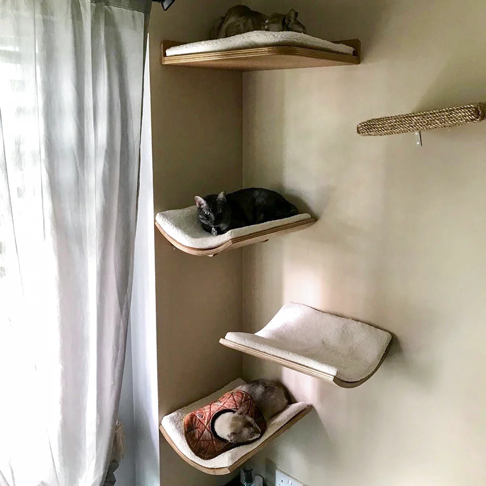 Escalera de escalada sólida montada en la pared para gatos y hamaca para gatos, muebles de madera con poste rascador para actividades, perchas para gatos de interior