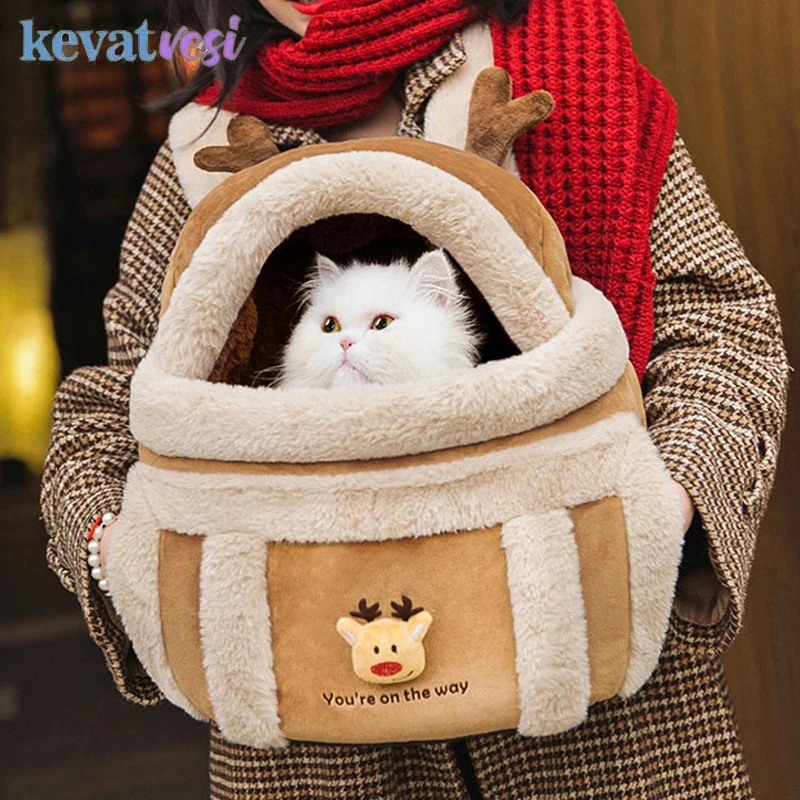 Bolsa de transporte para gatos cálida de invierno, mochila suave de felpa para mascotas, gatos, perros pequeños, bolsa de transporte para gatitos de Navidad, accesorios para gatos
