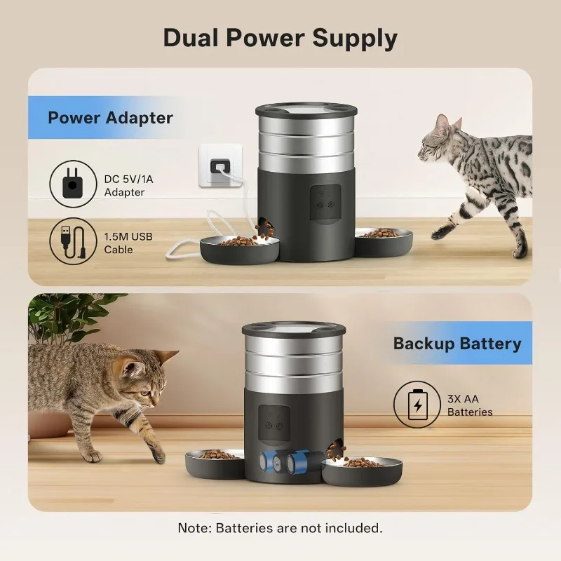 Comedero automático para gatos para 2 gatos, comedero de cuencos dobles de doble potencia de 4,5 L, dispensador automático de alimentos secos para mascotas, cuenco para gatos - imagen 5