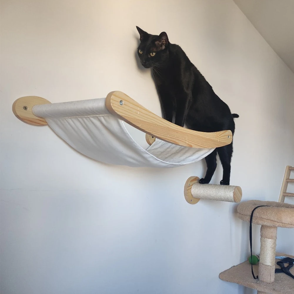 Estantes de escalada para gatos, hamaca montada en la pared con escalera y poste para rascar, plataforma de madera, muebles para mascotas, juguetes para gatitos - imagen 2
