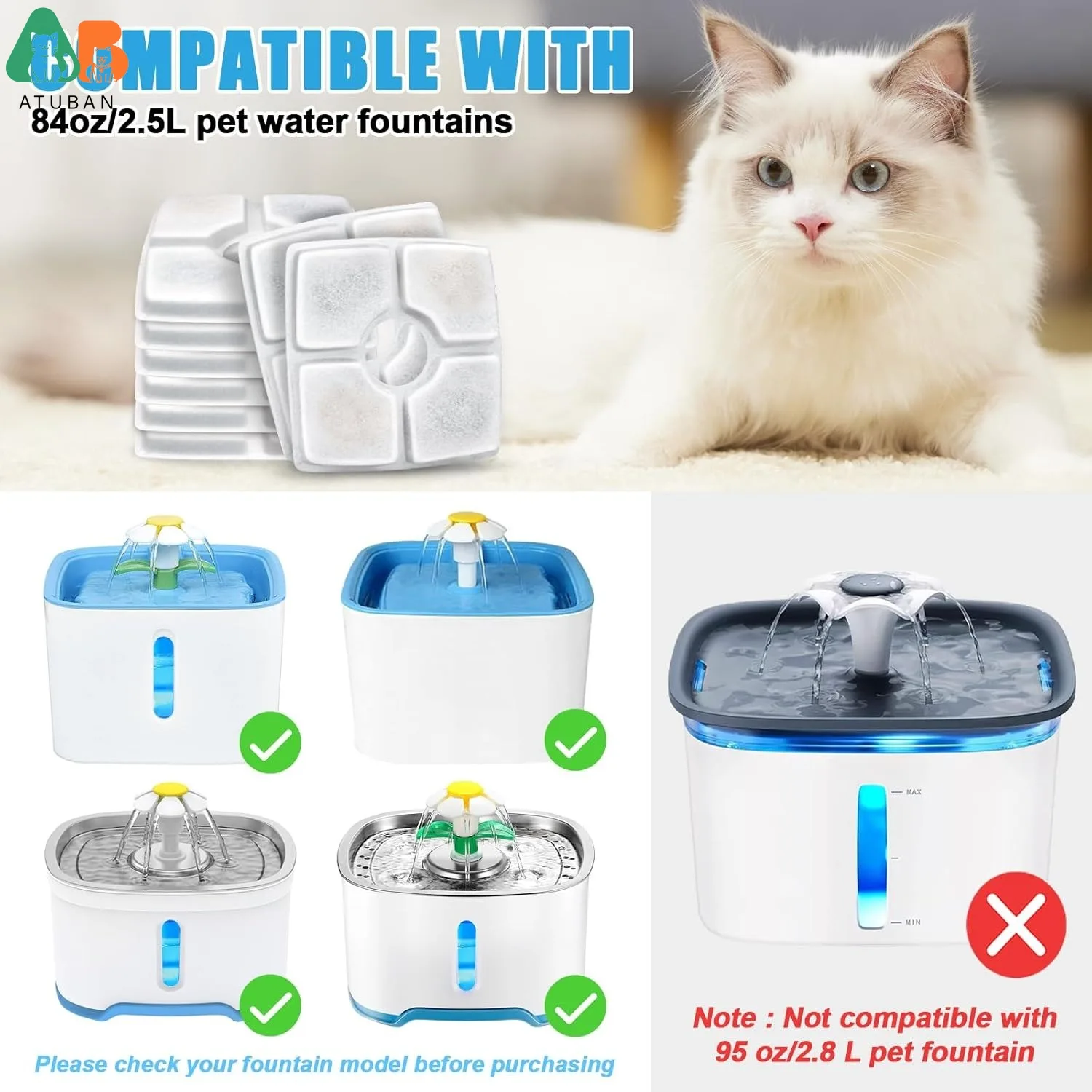 ATUBAN Juego de filtros para fuente de mascotas, sistema de filtración, filtros de fuente de agua para gatos de repuesto para fuente automática cuadrada de 84oz/2,5l - imagen 2