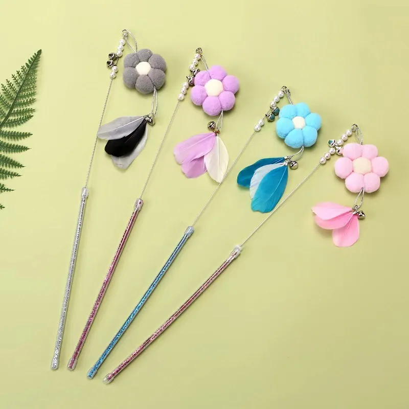 de alambre de acero con plumas de flores para gatos, campana, juguete súper bonito, juguetes aéreos voladores para gatos, suministros interactivos para mascotas - imagen 2