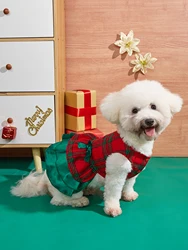 Vestido Navidad a cuadros con volantes y lazo para cachorros y gatos