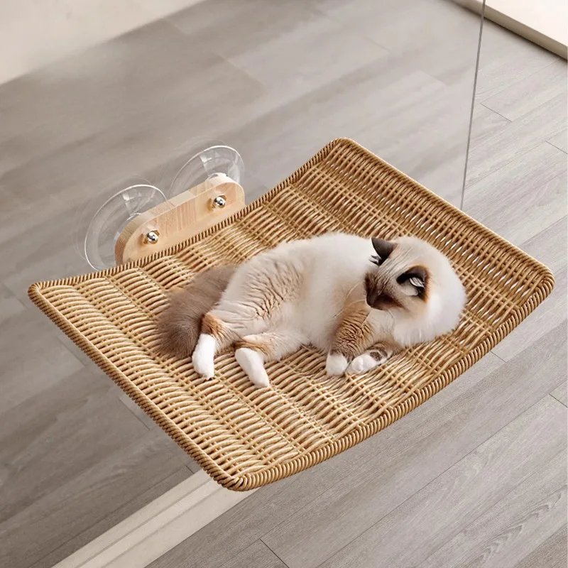 Hamaca para gatos con ventosa, hamaca tejida a mano para gatos, ventana de Color sólido, cama colgante para gatos, camas para mascotas montadas en la pared de cristal para escalar en verano