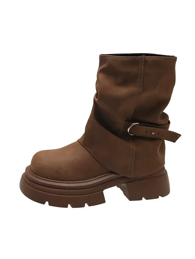 Botas marrones Ort para mujer, botas Thi Bot Faion de otoño e invierno, zapatos de tubo de pierna delgada, zapatos de mujer con punta redonda Street Sle