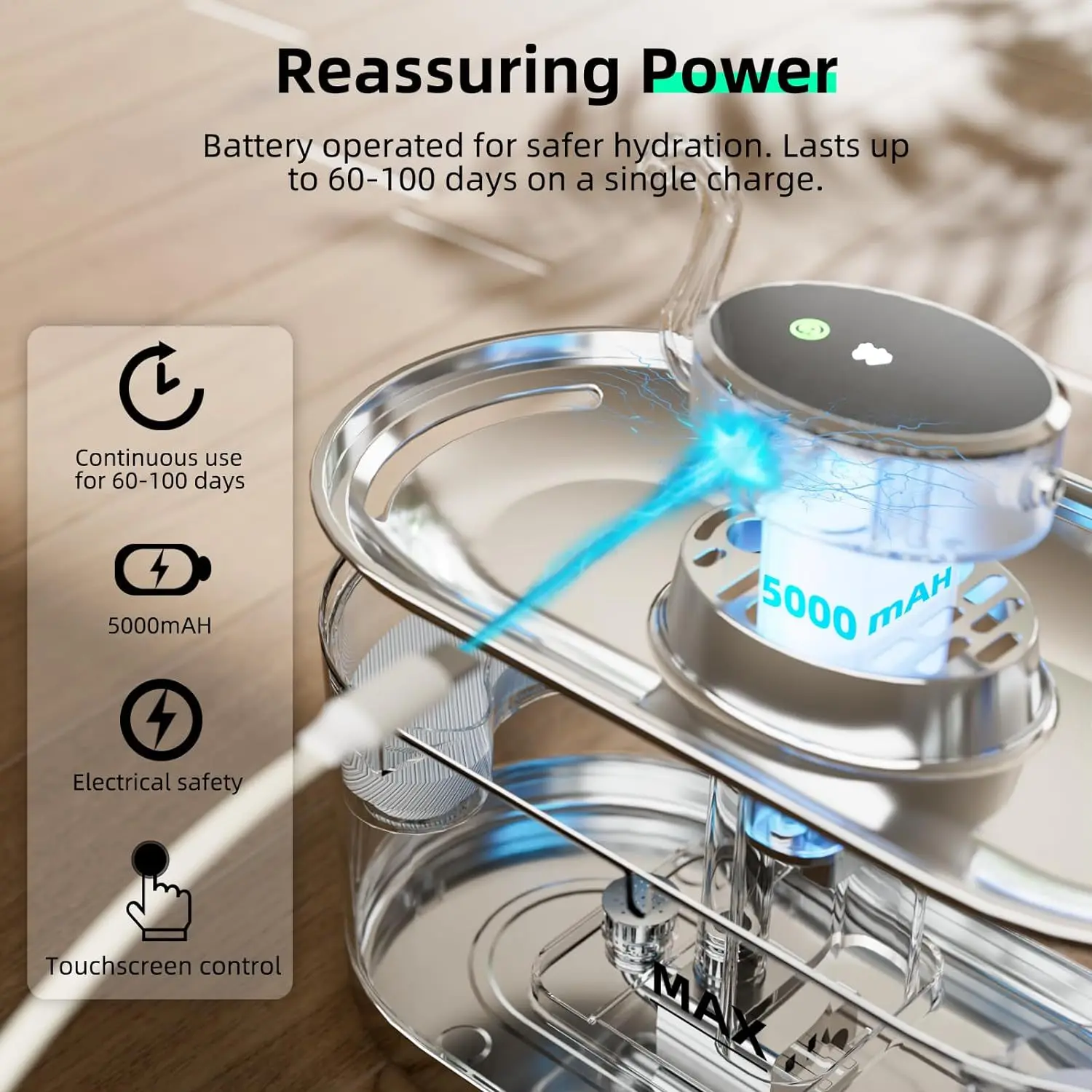 Fuente de agua para mascotas recargable con batería, fuente de agua para gatos de acero inoxidable para interiores con Sensor de movimiento, bomba ultra silenciosa - imagen 3