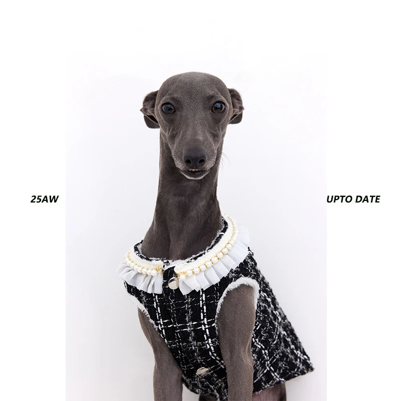 Ropa fragante a cuadros en blanco y negro con perla para mujer Whippet galgo italiano chaleco de perro femenino de lujo en fiesta - imagen 4