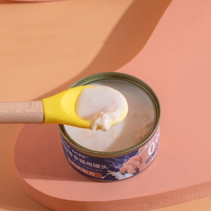 Cuchara de silicona de grado alimenticio para mascotas con mango de madera antideslizante para gatos, alimentador de alimentos enlatados/húmedo, fácil de limpiar, seguro para gatitos pequeños P