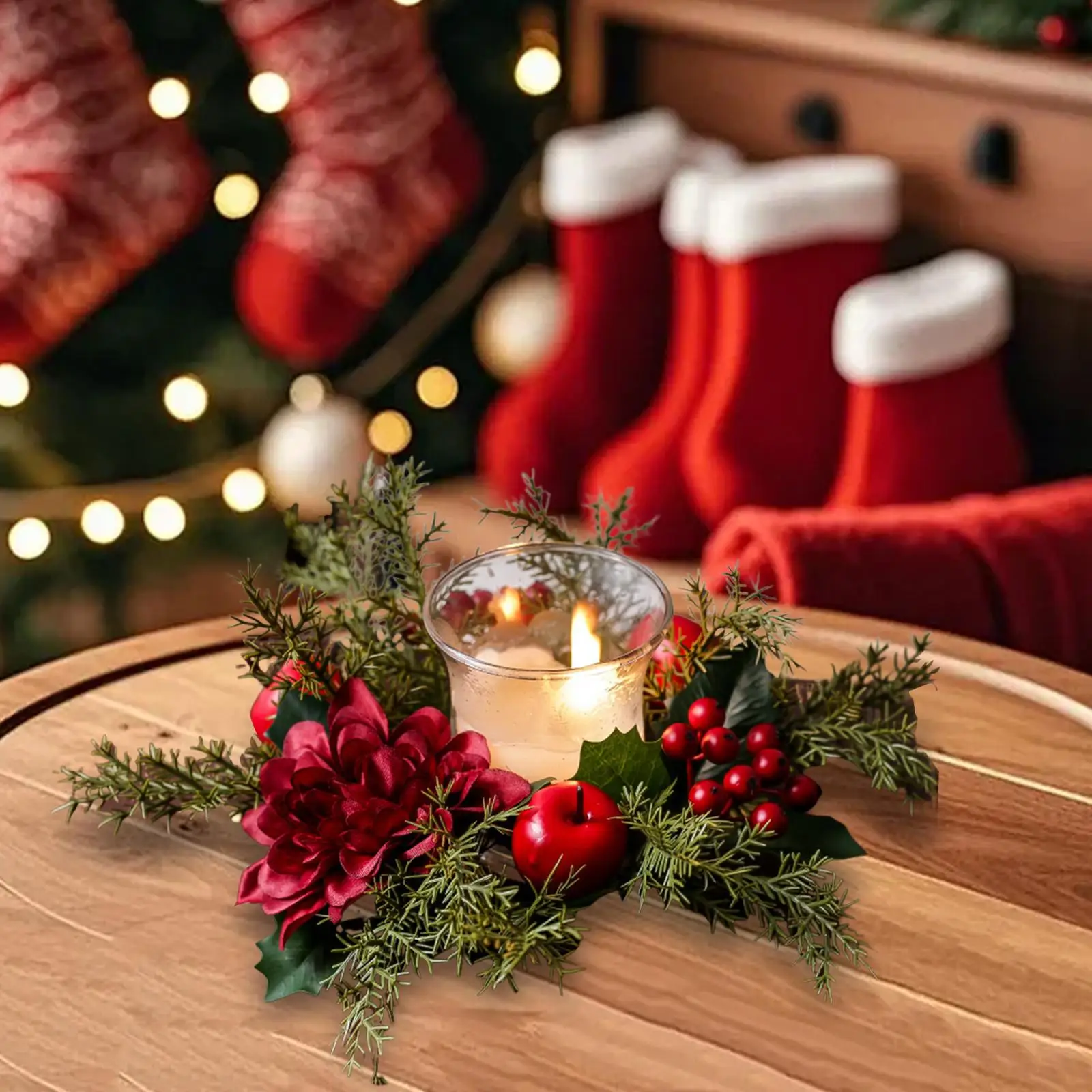 Anillo de vela de Navidad, corona de bayas rojas artificiales, guirnalda de portavelas para fiesta - imagen 2