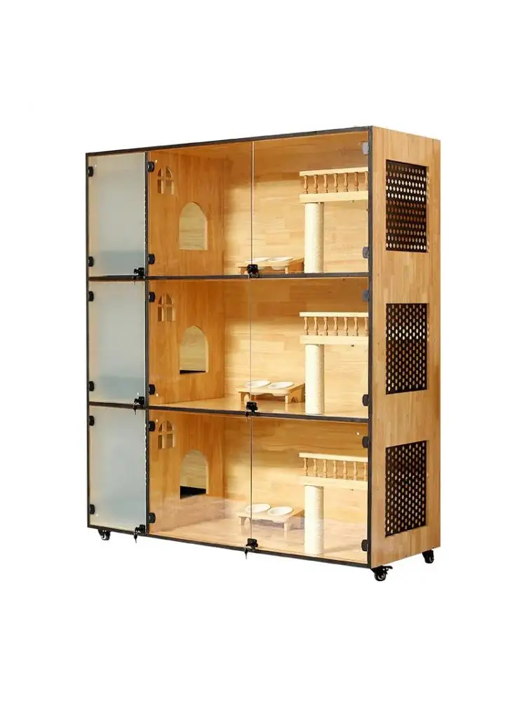 Jaula para gatos de madera maciza, chalet para gatos de tres pisos, armario para gatos de lujo, caja de arena, vitrina de embarque - imagen 3