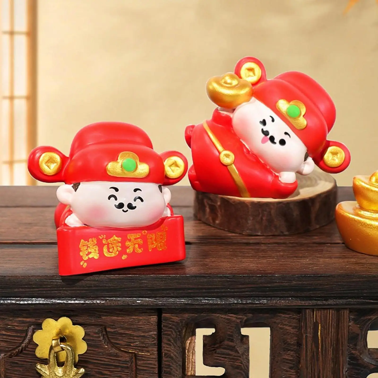 4 Pieces Mini God of Wealth Statues Creative Funny Small Sculptures Computer Monitor Decoration Ornaments for Desk Home Desktop