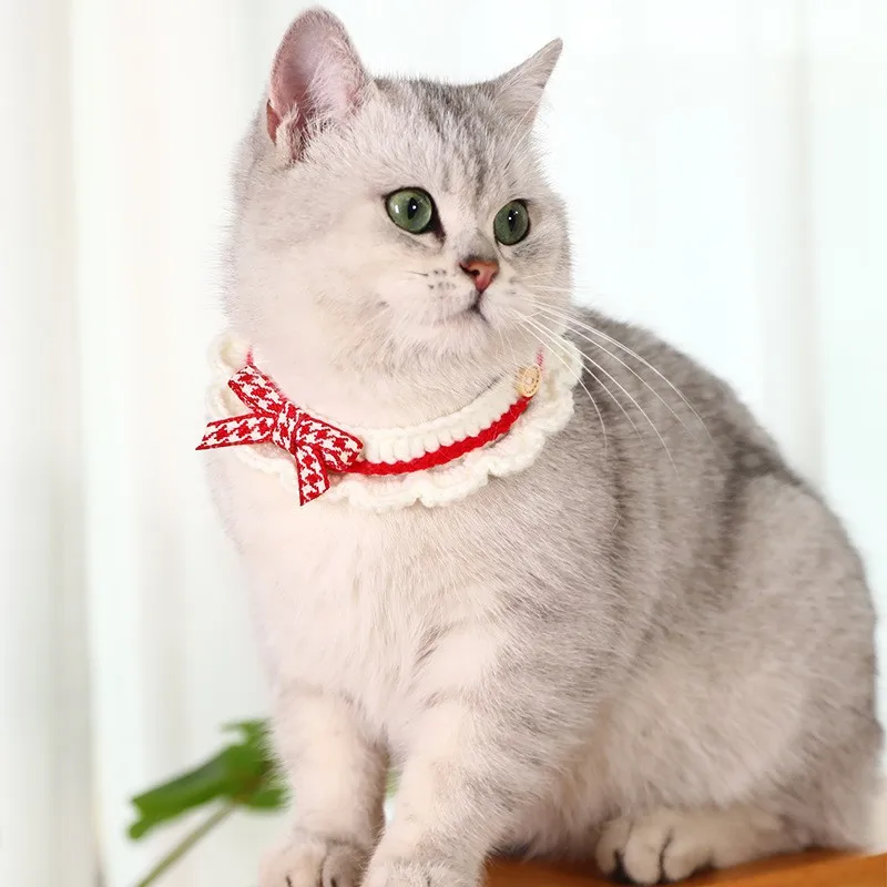Bonita toalla de Saliva tejida a mano con lazo, Collar ajustable para gatito, gato, cachorro, Collar decorativo para perro y gato, accesorios para perros - imagen 3