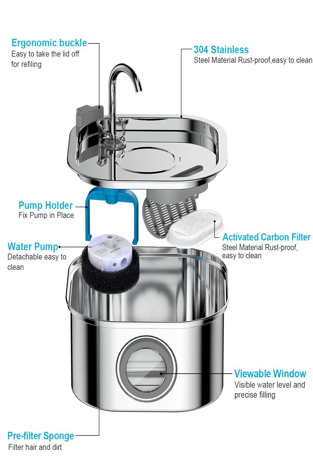 Fuente agua acero inoxidable 3L gatos - Ángulo perfecto mostrando el dispensadores agua