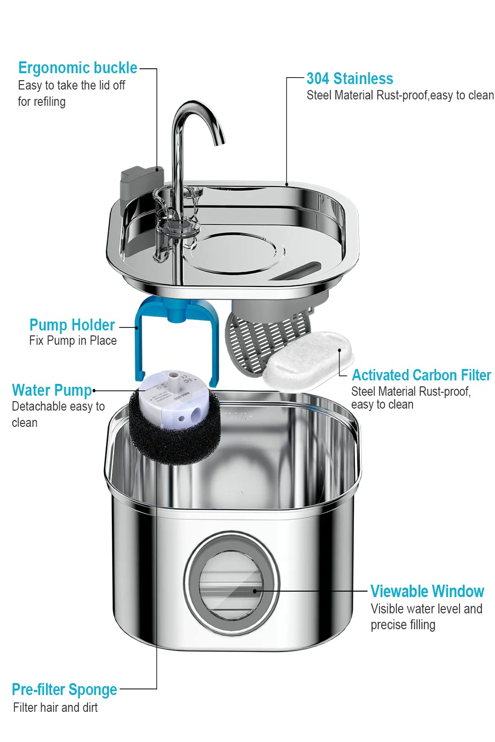 Fuente de agua de acero inoxidable de 3L para gatos, bebedero automático para gatos, perros, accesorios dispensadores de agua para mascotas - imagen 3