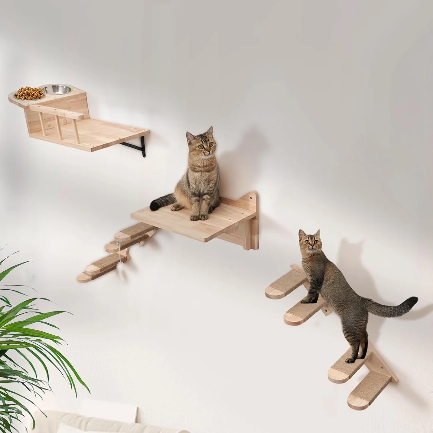 Casa para gatos montada en la pared con comedero de madera sólida - imagen 2