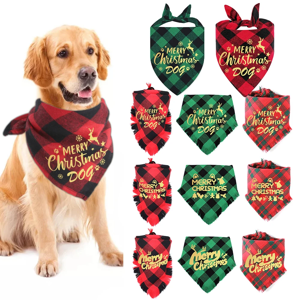 Pañuelo de Navidad para perro, pañuelo clásico a cuadros para mascotas, Baberos triangulares, pañuelo para Feliz Navidad, Papá Noel, muñeco de nieve, estampado para mascotas, suministro para perros