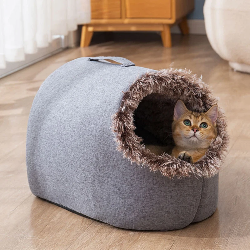 Pantuflas cálidas con forma de nido de gato, cama portátil para dormir para mascotas, cueva de felpa suave para cachorros, casa cómoda para perros, fosa - imagen 3