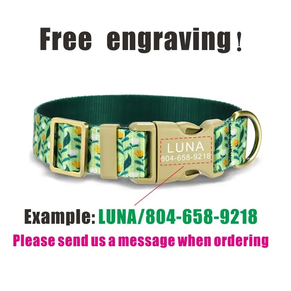 Collar de perro personalizado con grabado gratuito, correa para mascotas a juego, hebilla de contactos personalizados, Collar para mascotas de gato con flores verdes - imagen 4