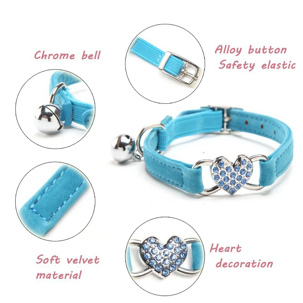 Heart Shape Cat Collar Safety Elastic Adjustable Collar With Bell Soft Velvet Cat Crystal Collar For Small Dog Kitten Puppy - imagen 3
