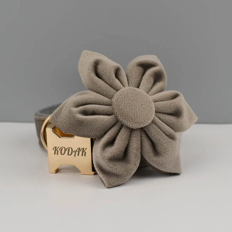 Juego de Collar y correa para perro de terciopelo gris claro para perros, placa con nombre grabada personalizada, suministros para mascotas, correa para perro de terciopelo 12 - imagen 5