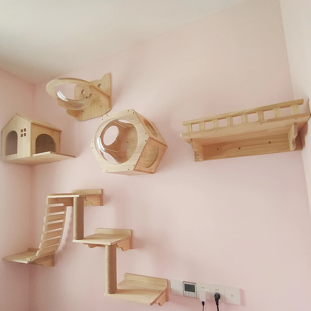 Villas para gatos montadas en la pared con varios estilos de camas para gatos, accesorios para escaleras de madera maciza, adecuados para gatos para jugar y descansar