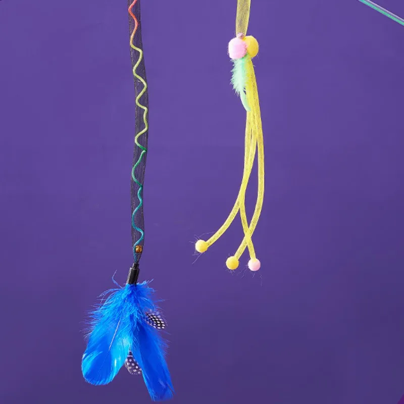 Juguete para gatos con plumas, palo elástico para gatos, juguetes interactivos con mango largo, juguete para gatos con campana, juguetes de plumas de primavera para gatos - imagen 5
