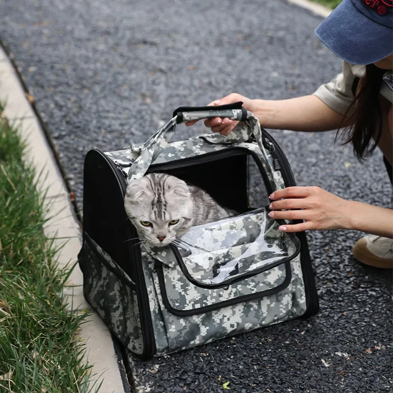 Bolsa para mascotas para gatos, mochila portátil, transpirable, cómoda, de camuflaje, portátil, plegable, mochila de viaje para gatos
