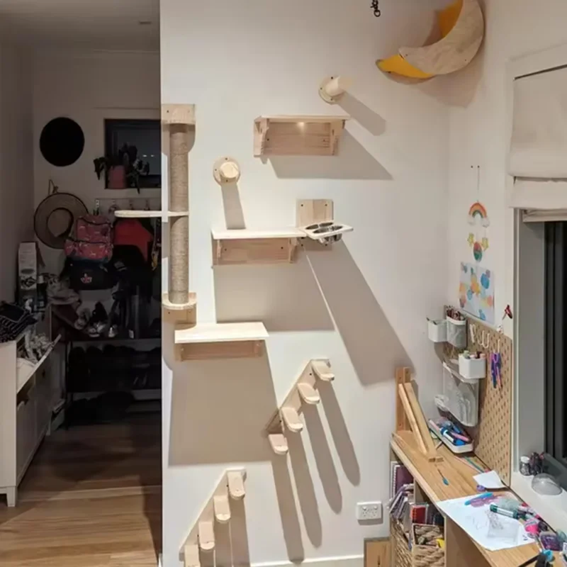 Hamaca montada en la pared para gatos con juego de escalones, muebles de madera, escalera de escalada, estante de cuerda para rascar, cama para gatos de interior, accesorios - imagen 2