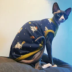 Camiseta sin mangas azul gato Sphynx estampado dinosaurio otoño
