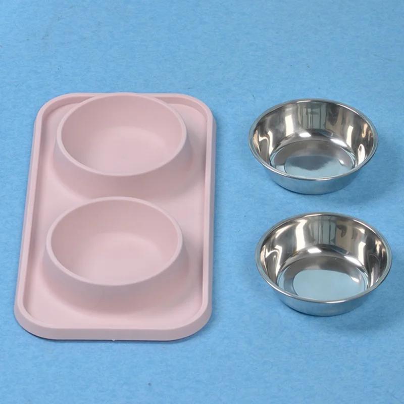 Cat and Dog Bowls and Silicone Feeding Mat Set Stainless Steel Feeding Bowl 2 Food Dish Slip Resistant Raised Edges Base Mat