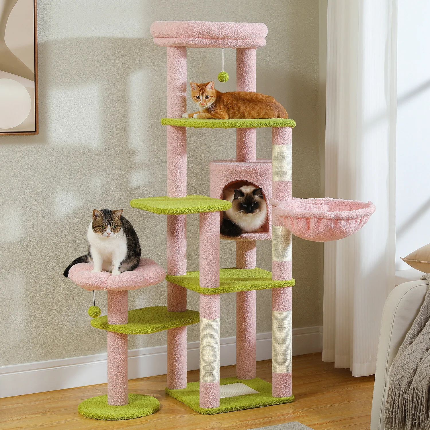 Árbol para gatos de varios niveles con poste rascador, hamaca, plataformas grandes, bolas colgantes y torre alta para gatos en interiores, espaciosa casa-condominio para gatos - imagen 5