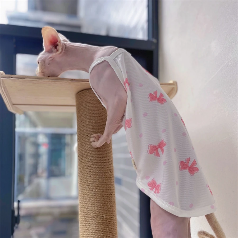 Sphynx-ropa para gatos, camiseta de algodón agradable para la piel, vestido, chaleco de verano para gatitos, perros, Devon Rex, ropa de descanso suave, suministros para gatos - imagen 4