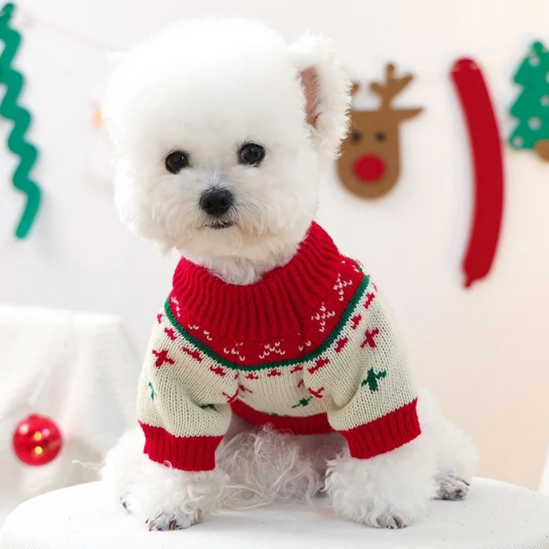 Suéter bonito de lujo para perros, ropa cálida y suave para perros, jerséis de punto para cachorros, suéter de cuello alto con estampado de árbol de Navidad para mascotas - imagen 4