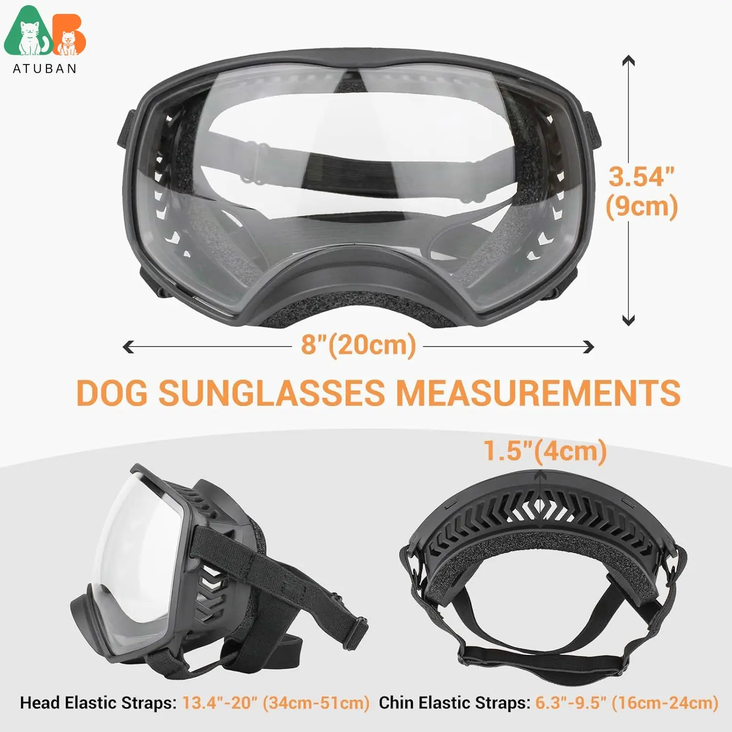 ATUBAN Gafas de sol para perros Protección UV Gafas transparentes para perros Gafas a prueba de viento con correas elásticas para gafas de nieve de razas medianas y grandes