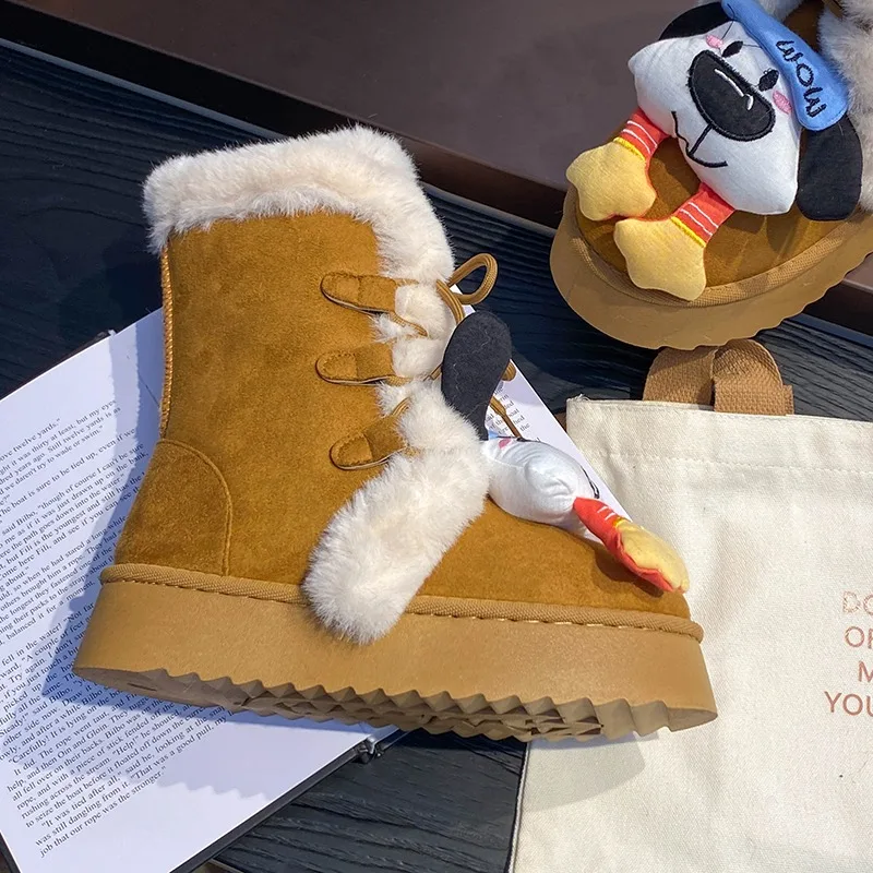 Botas de nieve bonitas de dibujos animados para Mujer, Botas de nieve con cordones y parte inferior gruesa, Botas cálidas de felpa cortas de ante sintético para Mujer - imagen 3