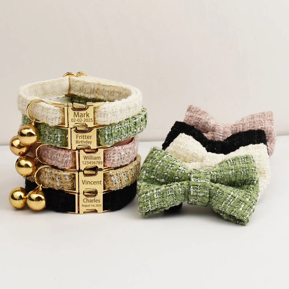 Juego de Collar y correa para gato, Hardware de Metal personalizado con etiqueta de identificación grabada con campana para gatitos, accesorios para mascotas