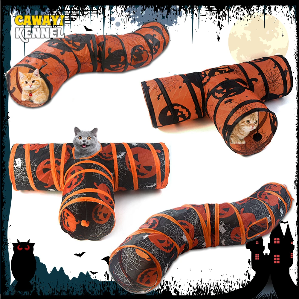 Túnel con forma de S/T para gato, juguete de entrenamiento con agujero plegable para interiores y exteriores, con diseño de Halloween, ahorro de espacio