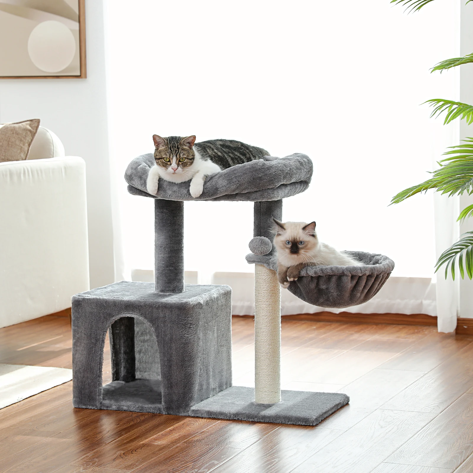 Torre de escalada multicapa con hamaca para gatos, juguete de árbol para gatos, muebles de casa, poste de madera maciza para rascar, H228cm - imagen 5
