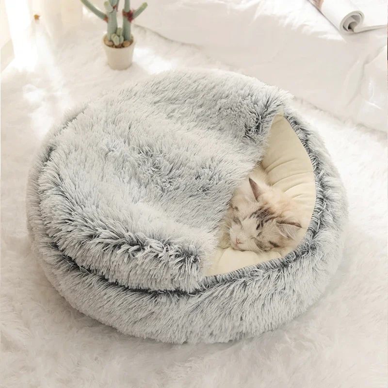 Cama redonda con capucha para perros y gatos pequeños, almohadilla de invierno con fondo antideslizante, cueva, Donut Cuddler, 2 en 1 - imagen 5
