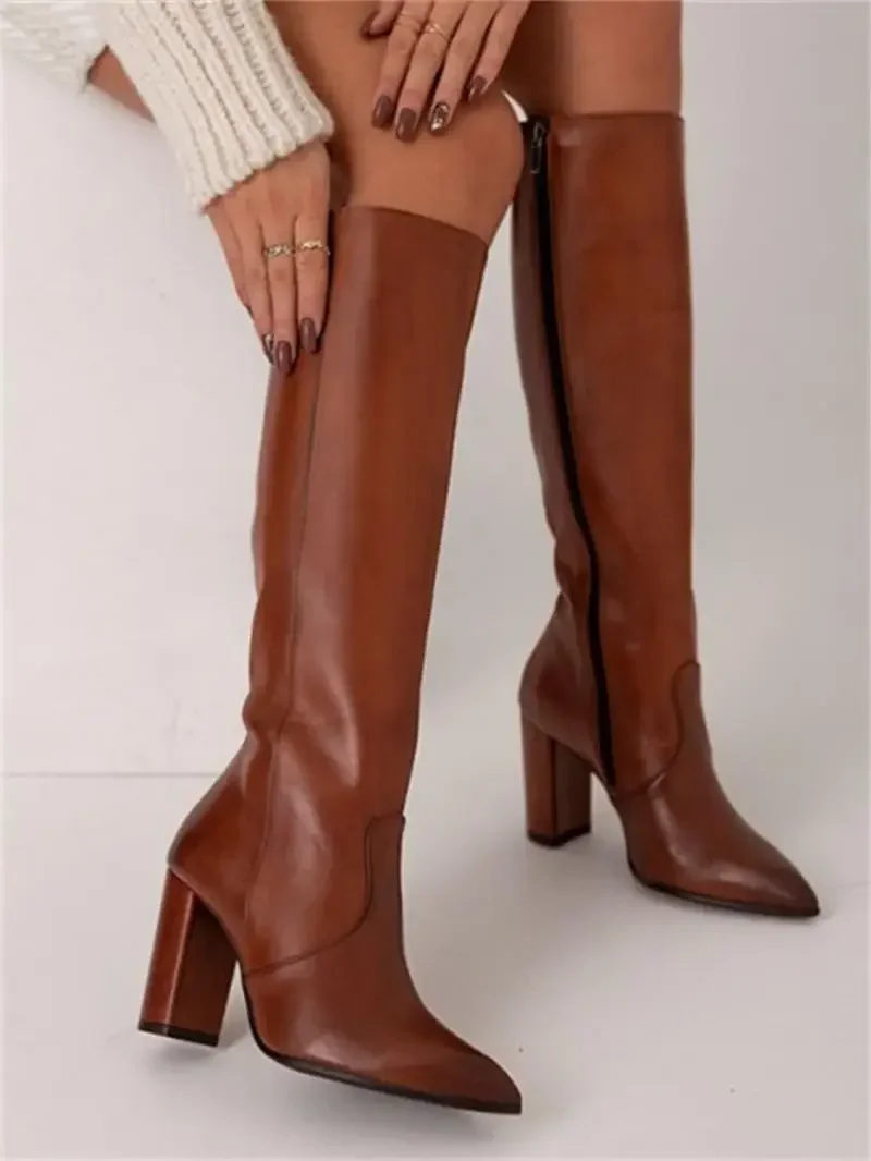 Botas hasta la rodilla para Mujer, Botas con punta estrecha a la moda, zapatos de tacón alto con cremallera, Botas altas de vaquera occidental, Invierno 2024 - imagen 3