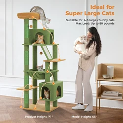 Árbol para gatos de 180 cm de altura para gatos grandes con hamaca grande, torre para gatos estable y resistente con postes rascadores de sisal, 2 condominios espacios