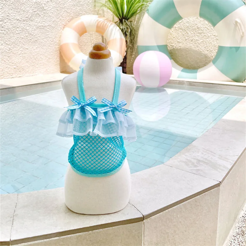 Camiseta sin mangas de malla para mascotas, bonito traje de baño de primavera, oso de peluche, camiseta sin mangas transpirable para perros pequeños + sombreros, ropa para cachorros - imagen 5