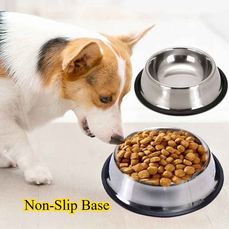 Cuenco de acero inoxidable para mascotas, alimentador de Metal antideslizante para agua de comida para perros y gatos, duradero, fácil de limpiar con Base de goma
