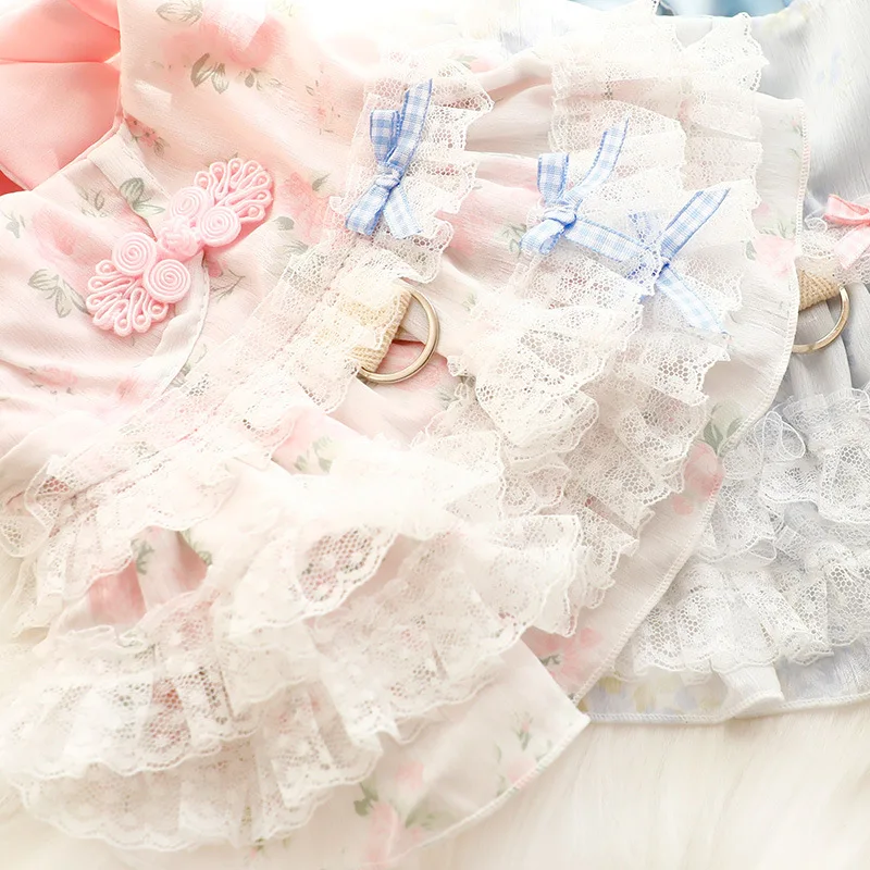 Nueva llegada de primavera/verano, falda de princesa estilo perro gato, diseño de encaje con estampado Floral y anillo en D para Do'g pequeño - imagen 3