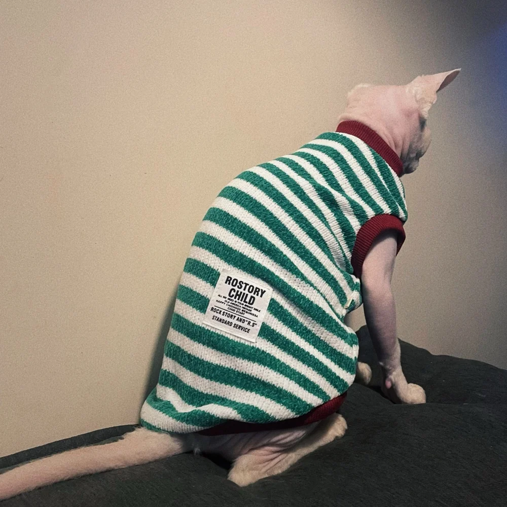 Primavera Otoño Gato sin pelo a rayas verdes Chaleco de suéter de chenilla suave Traje de Navidad para gatitos Chaqueta de invierno para gato Sphynx - imagen 4